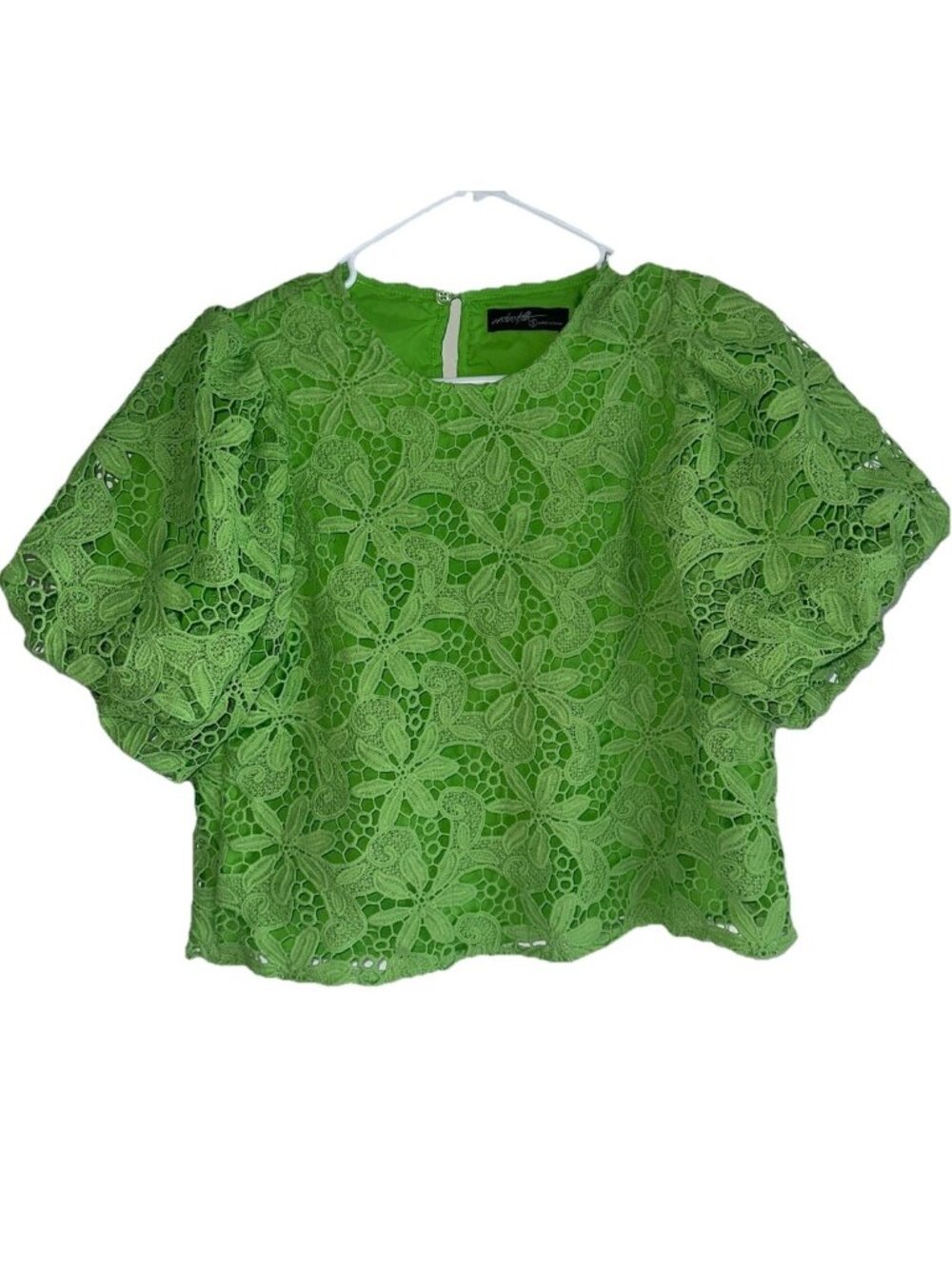 On Twelfth Womens Puff Sleeve Lace Top Sz S Bright Green Art To Wear Boho Indie
